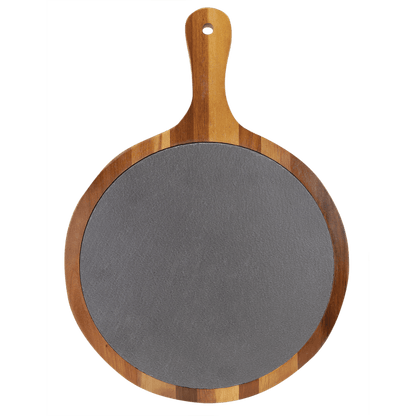 Round Acacia Wood/Slate Serving Board with Handle