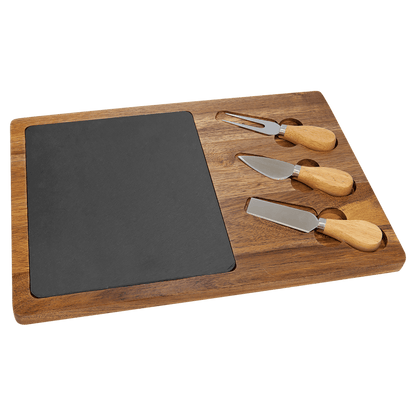 Acacia Wood/Slate Rectangle Cheese Set with Three Tools