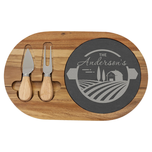 Acacia Wood/Slate Oval Cheese Set with Two Tools