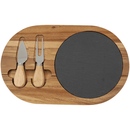 Acacia Wood/Slate Oval Cheese Set with Two Tools