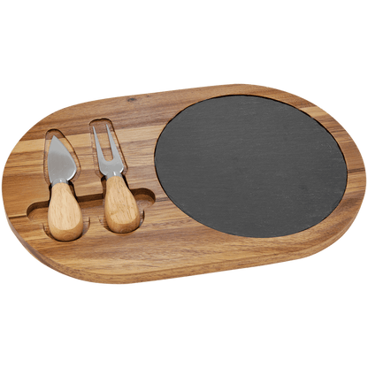 Acacia Wood/Slate Oval Cheese Set with Two Tools
